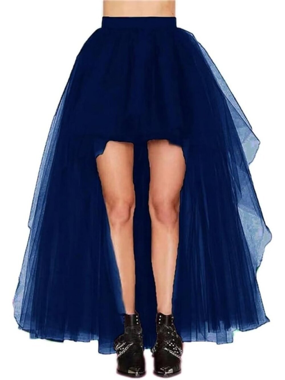 Women's Navy Blue Hi-Lo Long Tutu Tulle Bustle Elastic Imported Waist Skirt